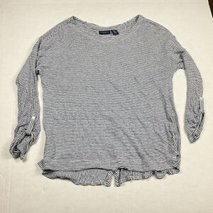 Adrienne Vittadini Womens Linen Back Button Shirt Striped Long Sleeve Top LARGE